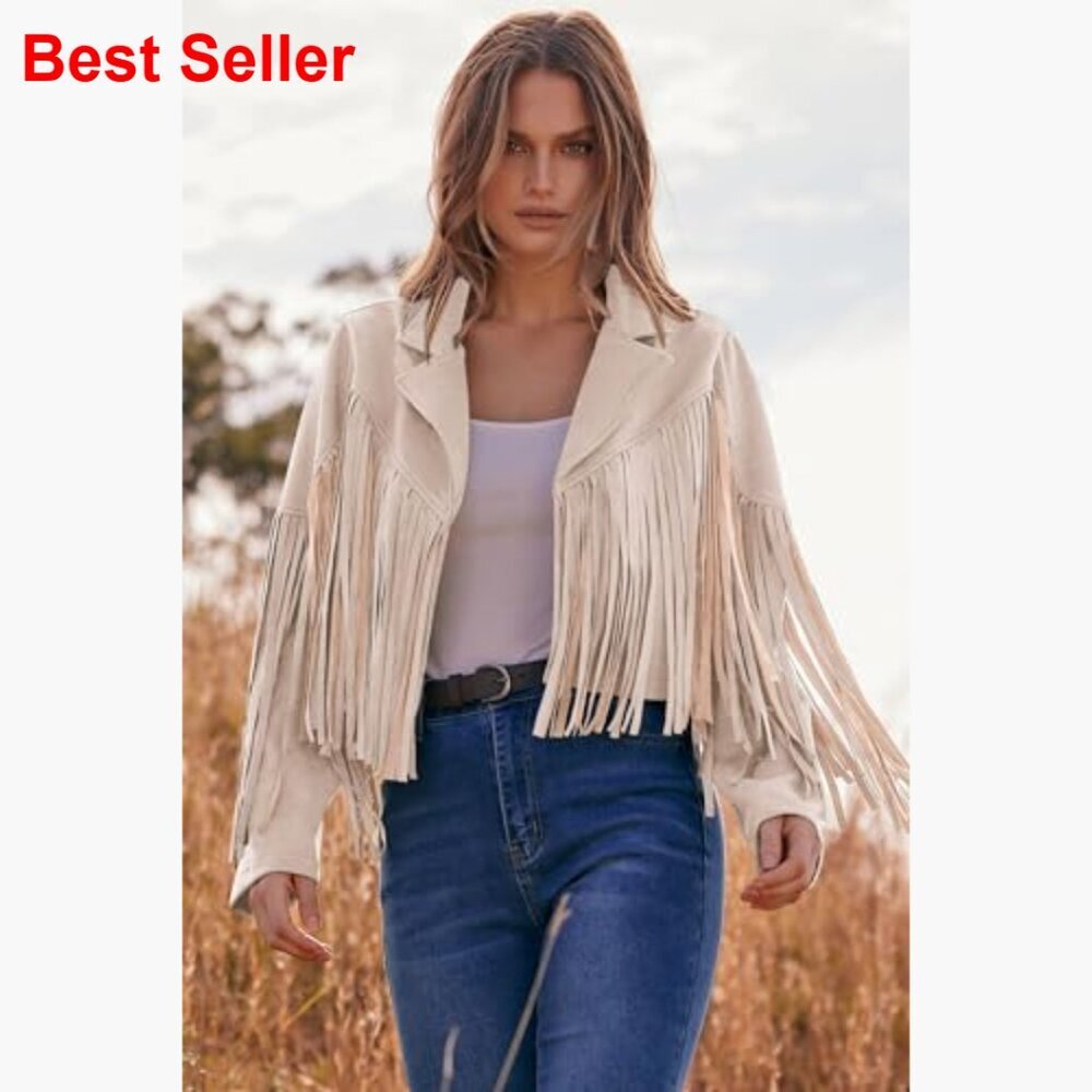 Faux Suede Fringe Motorcycle Cropped Jacket with Tassel Design - Picture 5 of 7